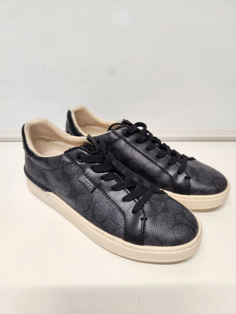 Coach Black Signature Leather Low-Top Sneakers with Cream Sole